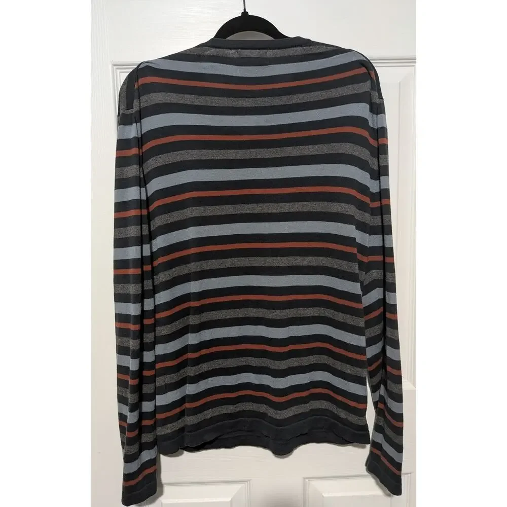 Banana Republic Men's V Neck Striped Sweater Gray Blue Rust Orange Size Medium
